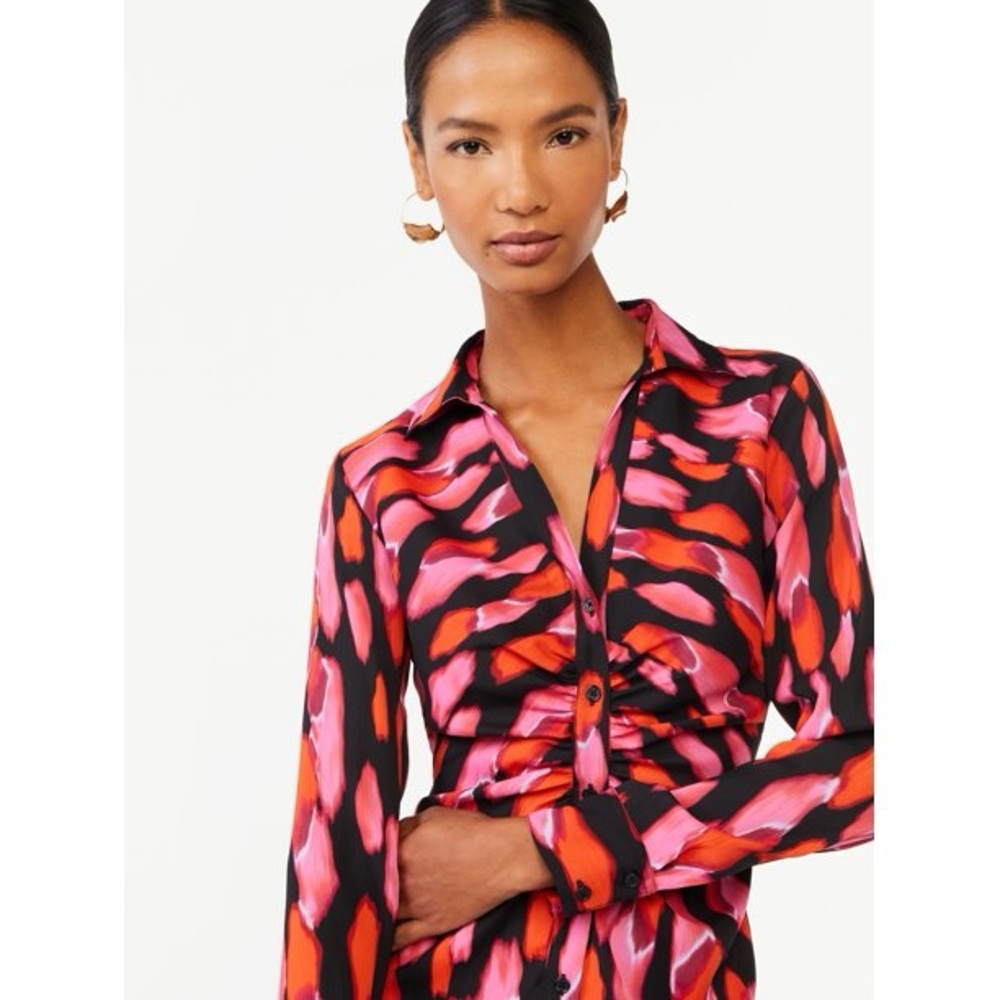 Scoop Women’s Vibrant Long Sleeve Shirt Dress with Bold Pattern - Picture 4 of 5